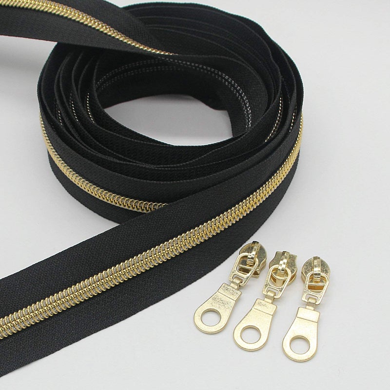 Leekayer #5 Gold Metallic Nylon Coil Zippers by The Yard Bulk 10 Yards Black Tape with 25pcs Gold Sliders for DIY Sewing Tailor Craft Bag(Black) - Image 2
